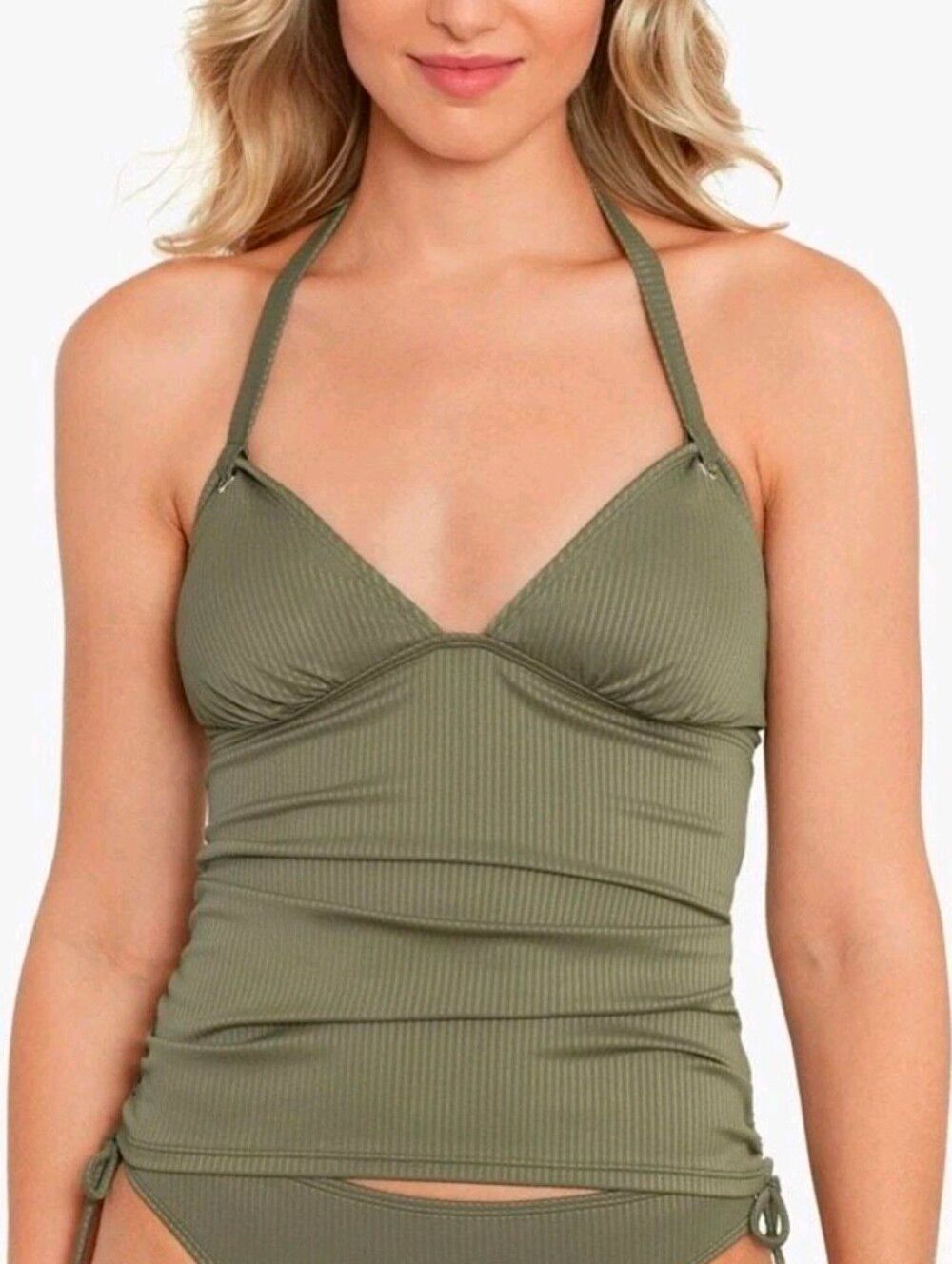 Salt + Cove | Juniors Ribbed Shirred Halter Tankini Top L in Olive Green